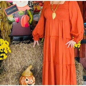 Umgee Square Neck Tiered Orange Dress 1XL Long Sleeve Frayed Hem Boho Distressed